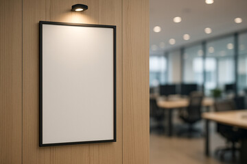 Spotlight illuminating a blank vertical frame mockup on a light wood wall, professional template for corporate branding or artwork.