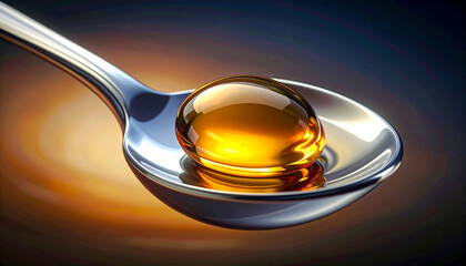 Oil Drop: A gleaming, single drop of golden oil rests on a silver spoon, the light creating a mesmerizing, jewel-like quality, symbolizing purity and nourishment.