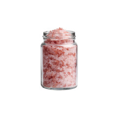 Pink Himalayan Salt in Glass Jar on White Background