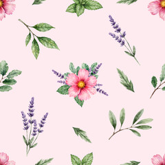 Seamless floral pattern with pink flowers and green leaves on a pastel background