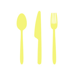 Classic dining utensil vector – yellow spoon, fork, and knife silhouettes – perfect for food packaging, restaurant logos, and menu graphics.
