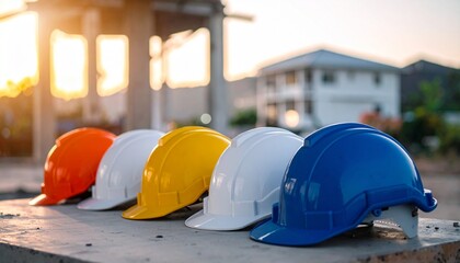 Five construction safety helmets in a row on concrete, with sunset glow and active construction site in background.