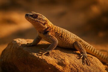 Obraz premium Sun-kissed lizard basks on warm rock, showcasing intricate scales and ancient reptilian charm
