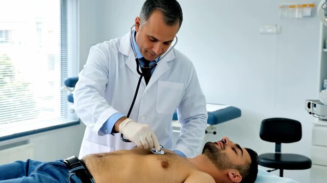 Professional European doctor examining shirtless male patient with stethoscope in modern medical clinic examination room