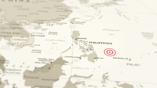 Earthquake Risk Zones in Philippines&ndash; 4K Satellite View with Seismic Wave Animation. The camera slowly zooms in on the map, highlighting a red circle indicating the seismic hazard zone. 