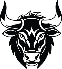 Fierce Bull Head Black and White Vector Illustration.