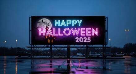 Happy Halloween 2025: Neon billboard with spooky imagery in a commercial setting, perfect for marketing