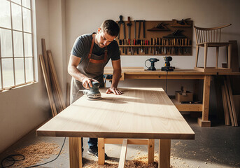 A carpenter sanding a wooden tabletop with an orbital sander in his workshop