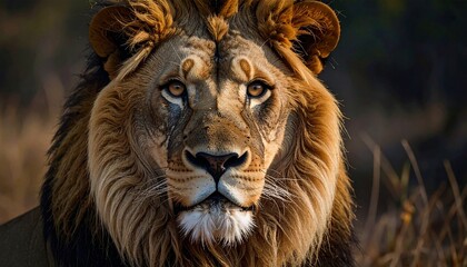 Naklejka premium Close-up of lion with full mane, centered and gazing intensely at camera, set against blurred savannah background with warm sunrise lighting.