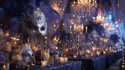 Halloween masquerade ball scene with elegant masks, chandeliers, and ghostly dancers