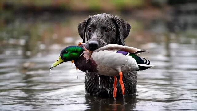 Retriever dog with duck in mouth, standing in water for hunting and sport game concept, training 