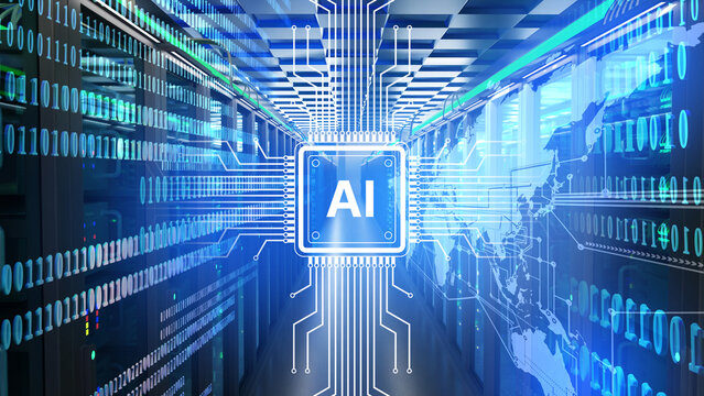 AI technologies. Artificial intelligence. AI logo on blue. Modern technologies. AI background. Artificial intelligence innovations. Data center. Implementation of artificial intelligence. 3d image