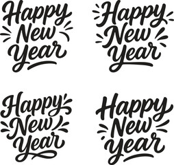 Happy New Year lettering typography set. Black and white festive calligraphy collection with fireworks and decorative text for greeting cards, banners, posters, invitations, vector illustration