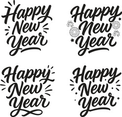 Happy New Year lettering typography set. Black and white festive calligraphy collection with fireworks and decorative text for greeting cards, banners, posters, invitations, vector illustration