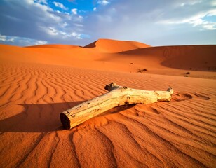 Bleached driftwood rests on rippled, red sand dunes under a partly cloudy sky