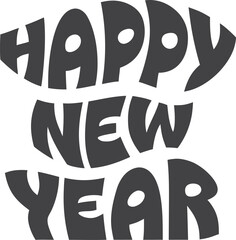 Happy New Year lettering typography. Black and white festive calligraphy collection with fireworks and decorative text for greeting cards, banners, posters, invitations, vector illustration