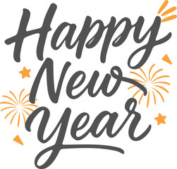 Happy New Year lettering typography. Black and white festive calligraphy collection with fireworks and decorative text for greeting cards, banners, posters, invitations, vector illustration