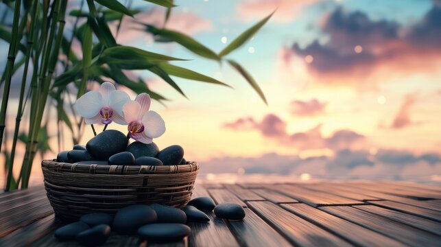 Zenith peaceful sunset scene with orchids and stones