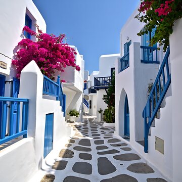 Fototapeta Charming Whitewashed Streets of Santorini, Greece, with Vibrant Bougainvillea