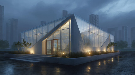 Obraz premium Modern architecture building design with glass facade in rainy weather