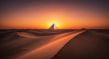 A surreal mirrored pyramid in a vast desert, perfectly aligned with the setting sun