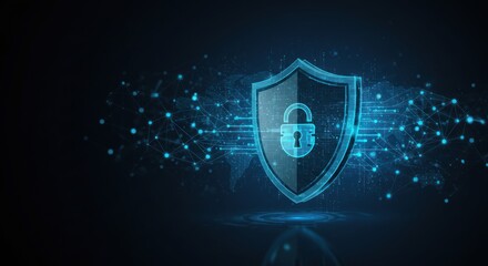 Shield with padlock symbol surrounded by glowing particles on dark blue background.