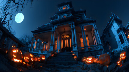 Haunted Victorian mansion with glowing pumpkins, rim lighting under full moon, fisheye perspective, mysterious intrigue,