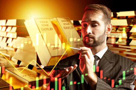 Gold trading, investment, finance, businessman analyzing stock market with digital tablet, gold bars, wealth management, financial growth