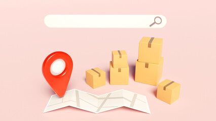 Logistics delivery, 3D illustration with map location pin, cardboard boxes and search bar symbolizing parcel tracking, online shopping, shipping service
