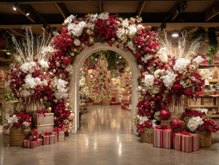 Fototapeta premium Beautifully decorated archway adorned with red and white flowers and ornaments leads into festive Christmas store filled with holiday decorations and gifts. scene is warm and inviting