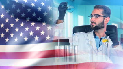 USA science, chemist in laboratory coat with test tubes and flasks conducting research under...