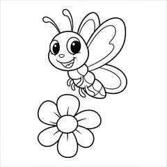 Cute Cartoon Butterfly Flying Towards Flower Outline for Coloring Pages & Kids' Design Projects