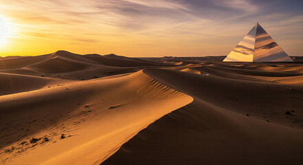 A surreal mirrored pyramid in a vast desert, reflecting the golden sunset and sand dunes