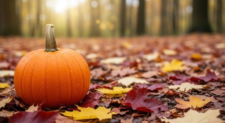 Vibrant autumn pumpkin with water droplets on forest floor surrounded by colorful fall leaves
