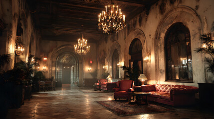 Haunted hotel lobby with flickering chandeliers, dusty furniture, and mysterious shadows