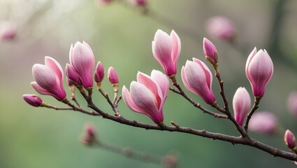 Obraz premium Magnolia blossoms on a branch, pink and white petals, in springtime.