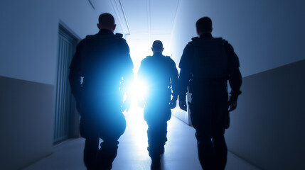 Three armed officers in tactical gear walking down a corridor toward bright light in dramatic silhouette.  
