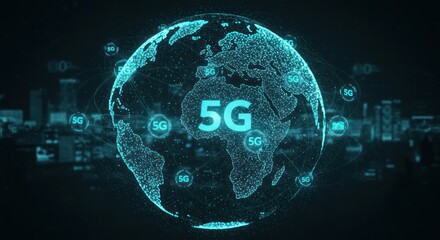 Digital globe with 5G text and city backdrop against a dark background.