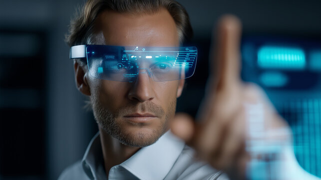 Focused man interacting with virtual interface using futuristic augmented reality smart glasses.  
