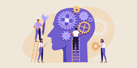 Team of people working together to build and repair gears inside a large human head silhouette representing the mind
