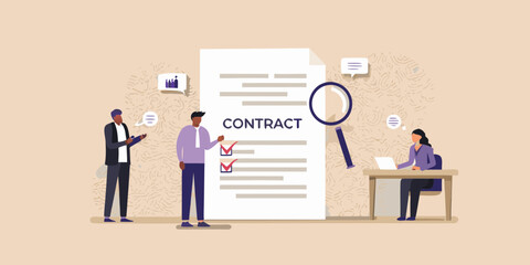 Business professionals reviewing and signing a contract agreement with a magnifying glass and checklist