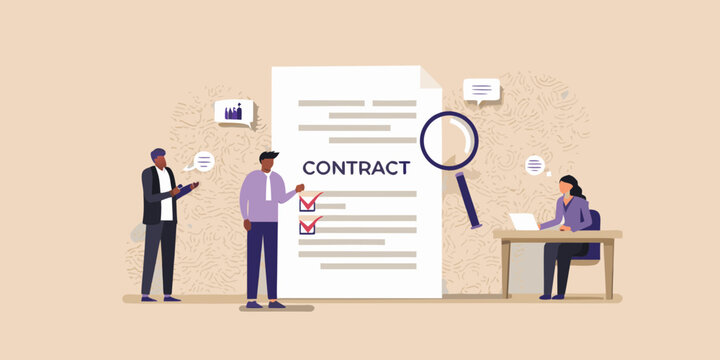 Business professionals reviewing and signing a contract agreement with a magnifying glass and checklist