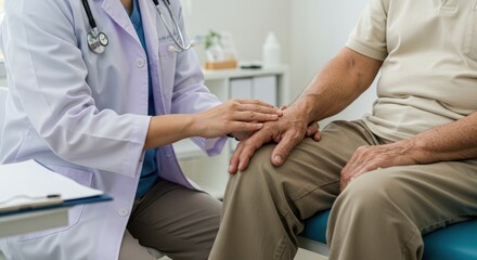 Obraz premium Doctor examining senior patient's knee in a medical office setting.