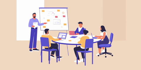 Diverse team collaborating in a modern office meeting room with a presenter at a whiteboard