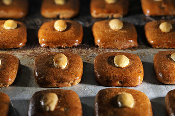 Aachener Printen on baking tray. Aachener Printen are a type of gingerbread originating from the city of Aachen in Germany.