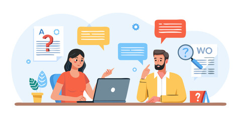 Two people collaborating on a project discussing ideas and solving problems with a laptop and documents