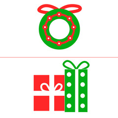 Flat Design Christmas Wreath and Gift Box Set Icon Illustration