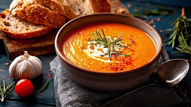 Soup bowl garnished with cream and rosemary beside bread garlic tomato and a spoon