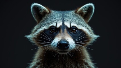Raccoon close-up shot with detailed fur and facial features on a dark background. Nature and wildlife, animal photography. The raccoon&acirc;&euro;&trade;s expressive face.