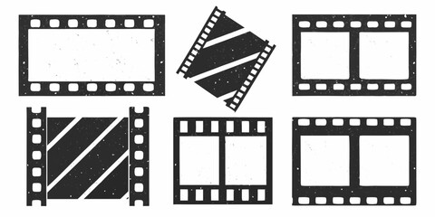 Collection of six distressed black and white film strip elements in various orientations and designs
